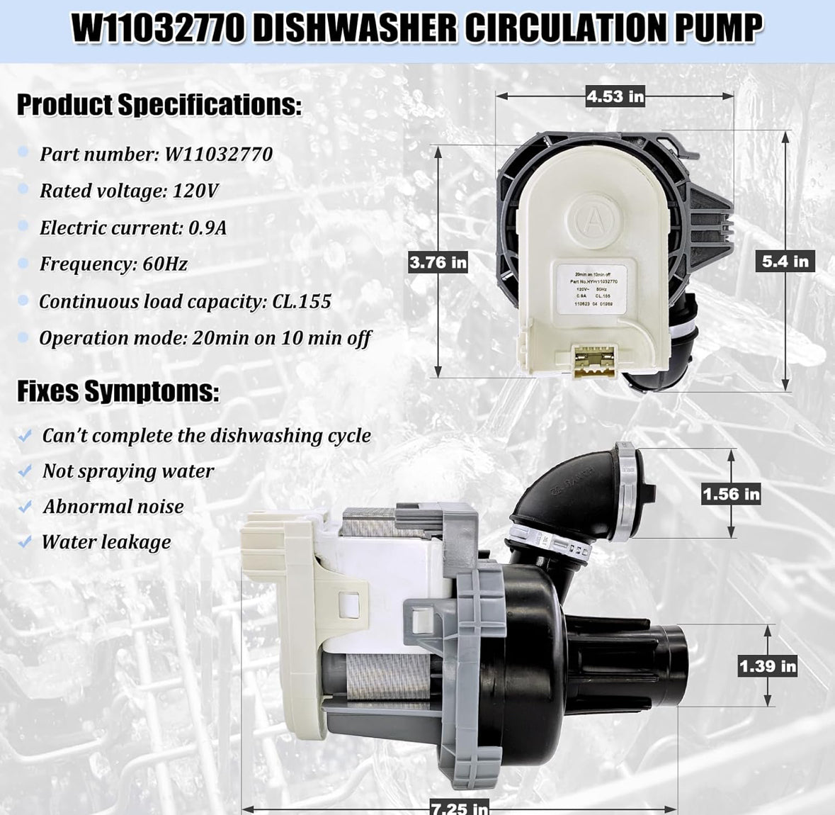 W11032770 Dishwasher Circulation Pump Motor Assembly, W10529163 Dishwasher Pump Motor Replacement Parts WPW10529163 W10885542 W10864037 W10816492