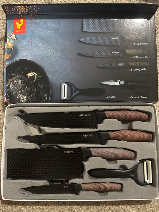 Professional 6pcs Kitchen Knives, Chef, Cleaver, Slicer, Utility Knife Peeler & Scissors Stainless Steel Ultra Sharp with Non-Stick Ergonomic Wood Handle Cooking Chef Knife Set for Home Travel Vegetable, Meat, Fruit with Gift Box