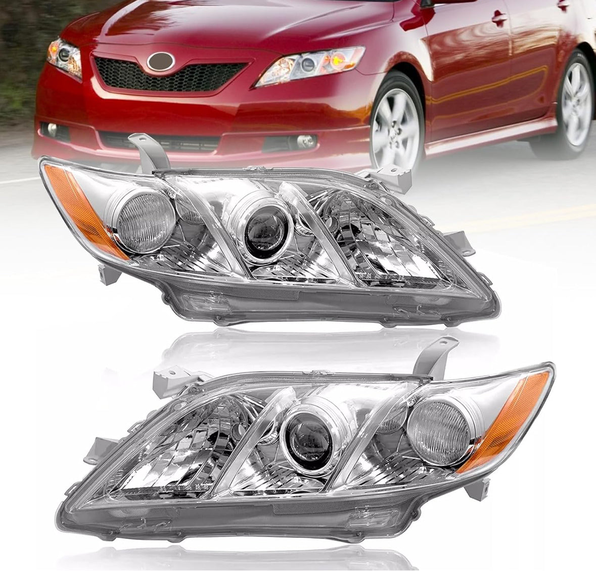 Headlights Assembly Compatible with 2007-2009 Toyota Camry Headlamp Chrome Housing with Amber Reflector Driver and Passenger Side ABS Plastic