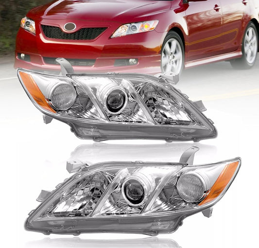 Headlights Assembly Compatible with 2007-2009 Toyota Camry Headlamp Chrome Housing with Amber Reflector Driver and Passenger Side ABS Plastic
