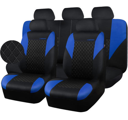 CAR PASS Ultrasonic Embossing Cloth Universal Seat Covers-Breathable Car Seat Cover with 5mm Composite Sponge Inside,Airbag Compatible,2zipper Bench for Sedan,SUV,Truck(Black and Blue,Full Set)