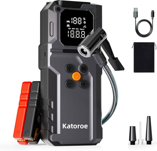 Jump Starter with Air Compressor, 5000A Jump Starter Battery Pack with 150PSI Tire Inflator, Portable Air Compressor, 12V Jump Starter for 9.0L Gas 7.0L Diesel Engines, Jumper Cables, Flashlight