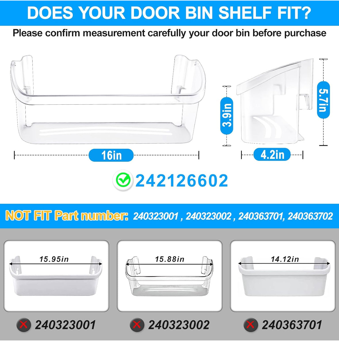 2 PACK] UPGRADED 242126602 Refrigerator Door Bin Shelf Replacement For Frigidaire Door Shelf Replacement -LFSS2612TF0 LFSS2612TF4 Frigidaire Door Bin Bottom Shelf Parts 2421266 PS12364199 Shelves
