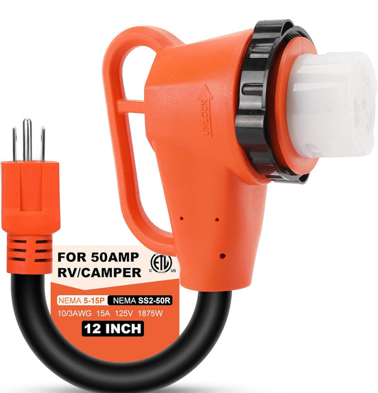 50 Amp to 110 Volt RV Adapter Plug with Locking Connector, NEMA 5-15P to NEMA SS2-50R Electrical Power Adapter with Upgraded Grip Handle, ETL Listed