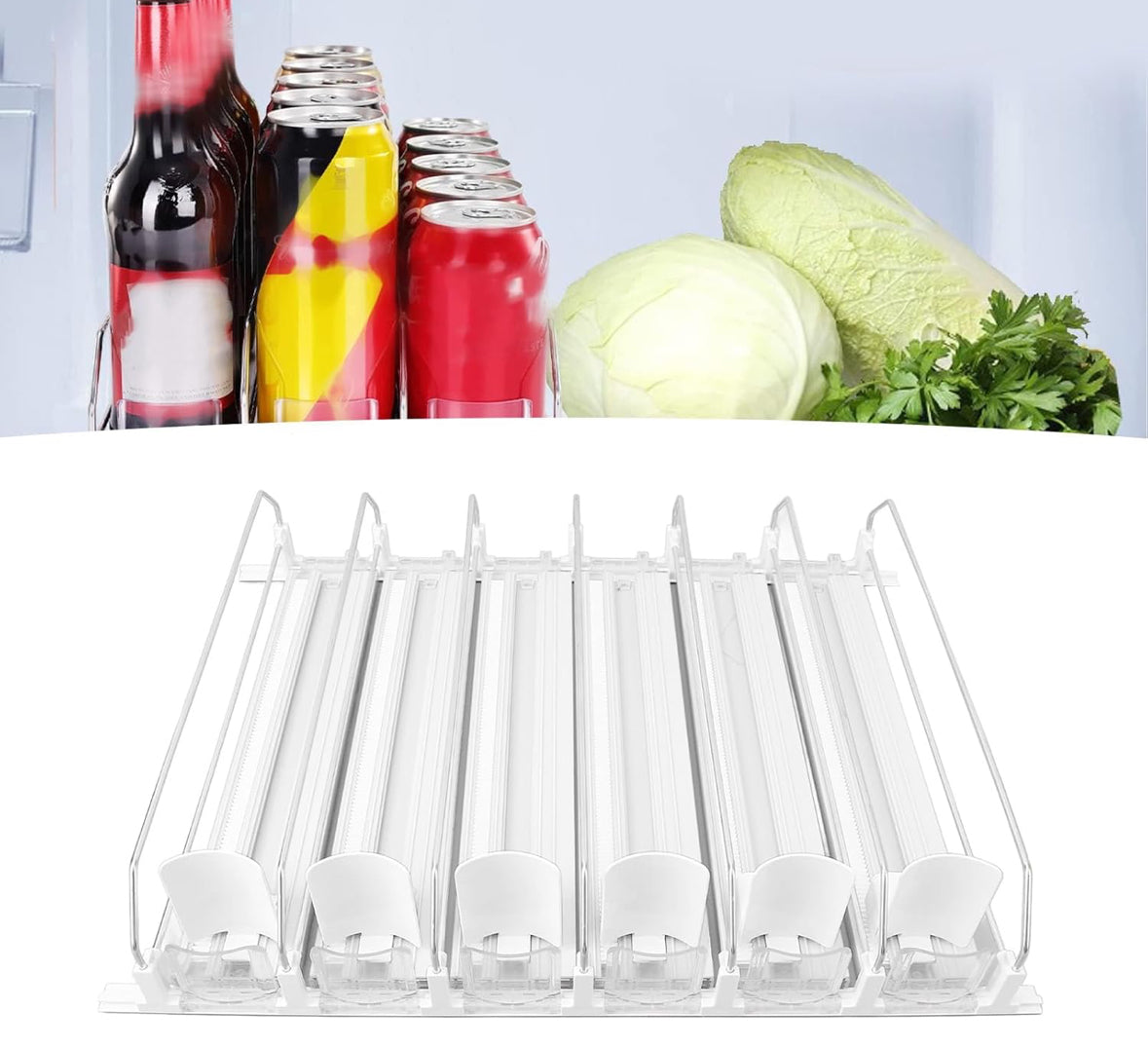 Drink for Fridge Slide Rail Can Dispenser Holds 6 Rows of Soda Beer Beverages Easy Loading System with Dampener Glide for Stable Push No Tools Assembly