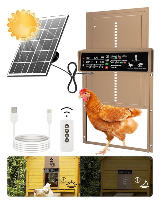 Asfrost Automatic Chicken Coop Door Solar Powered Automatic Chicken Door with Timer & Light Sensor, Anti-Pinch, Durable Aluminum Auto Chicken Door, Charge with 7W Solar Panel & USB - Brown