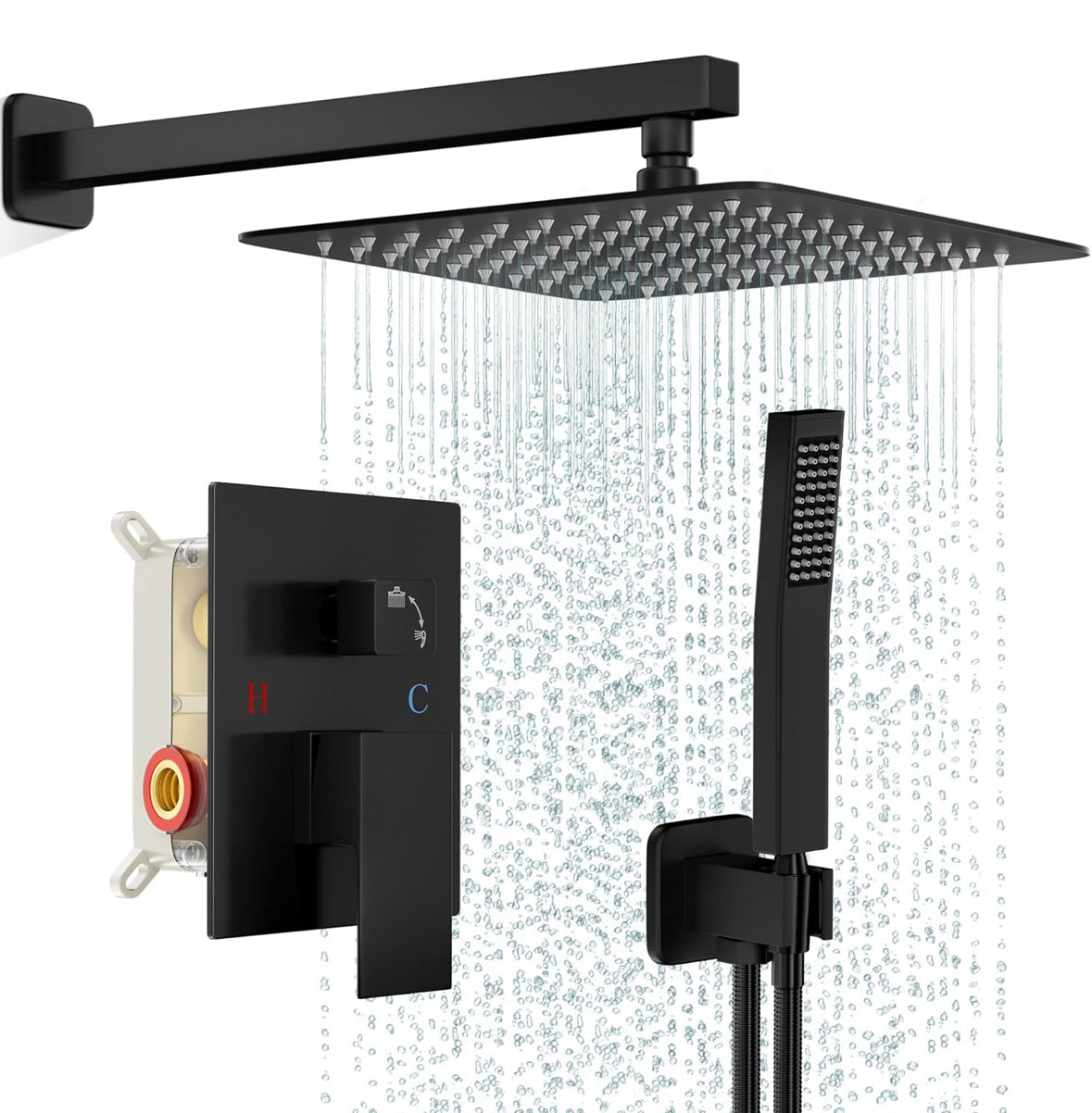 Black Shower Faucet Set, Rainfall Shower System with Square Shower Head and Handle Set, Wall Mounted Shower Fixtures, Full Metal Trim Repair Kit 10 inch Matte Black (With Shower Valve)