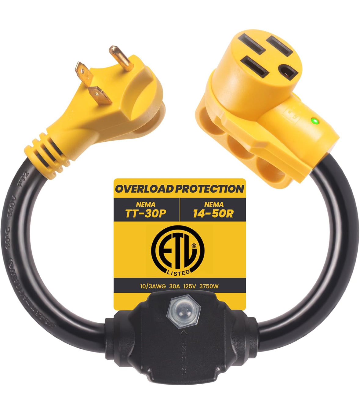 Overload Protector 30 Amp to 50 Amp RV Adapter Plug for Camper with Circuit Breaker, NEMA TT-30P to NEMA 14-50R Electrical Power Adapter with LED Power Indicator, RV Dogbone Adapter Cord, 18 Inch