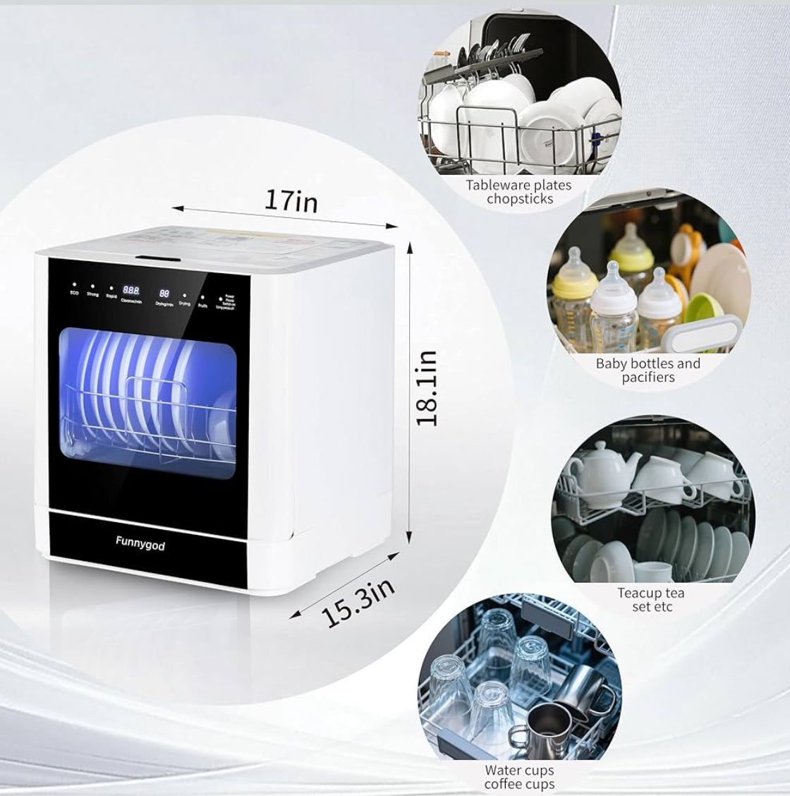 Dishwasher Countertop dishwasher Portable automatic cleaning 4cleaning modes and drying and disinfection mode Just connect a bucket to automatically Absorb water or connect to a faucet to Absorb water