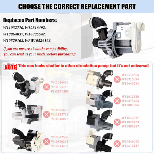 W11032770 Dishwasher Circulation Pump Motor Assembly, W10529163 Dishwasher Pump Motor Replacement Parts WPW10529163 W10885542 W10864037 W10816492