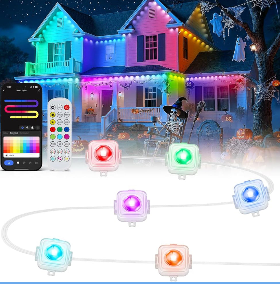 Permanent Outdoor Lights, 100ft Smart Eave Lights with 72 LED Lights, IP67 Waterproof, App Control, DIY RGBIC Light for House Halloween Decorations, Work with Alexa and Google Assistant, White