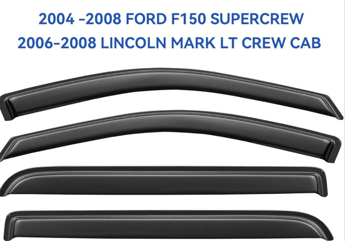 Window Visors Rain Guards for 2004 2005 2006 2007 2008 Ford F150 SuperCrew, Out-Channel Window Vent Wind Deflectors Visors Shades for 06 07 08 Lincoln Mark LT