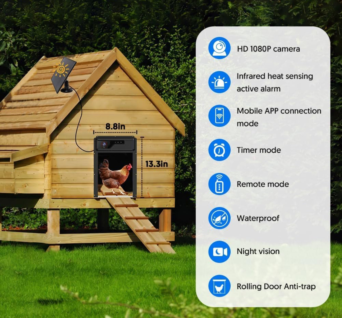 1080P HD Camera Solar Automatic Chicken Coop Door, 5000 mAh Battery, Support WiFi, APP Remote Control, Timer, Anti-Trap Infrared Sensor and Alarm Driver Function, Easy to Install and Use.