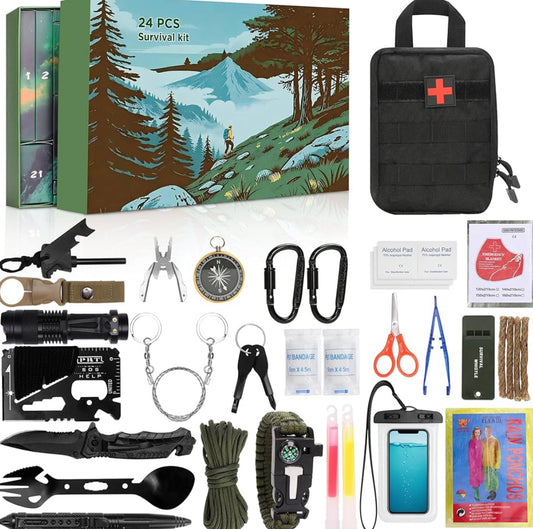 Survival Kit Advent Calendar 2025: 24-Day Christmas Countdown Camping Gear, 24 Different Tools for Outdoor Emergency Kit, Survival Gear Advent Calender Gifts for Men Dad Husband