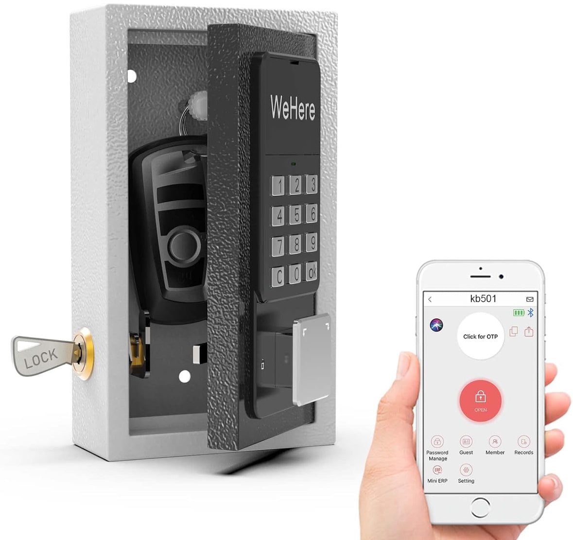 WeHere Key Lock Box Wall Mount, OTP/Fixed Password, APP Bluetooth/Wi-Fi, Spare Key Unlock, Porch Smart LockBox, Combination Keybox for Home, Realtors, Apartments, Garage, Store, Office