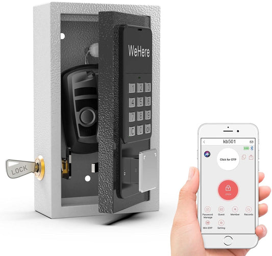 WeHere Key Lock Box Wall Mount, OTP/Fixed Password, APP Bluetooth/Wi-Fi, Spare Key Unlock, Porch Smart LockBox, Combination Keybox for Home, Realtors, Apartments, Garage, Store, Office