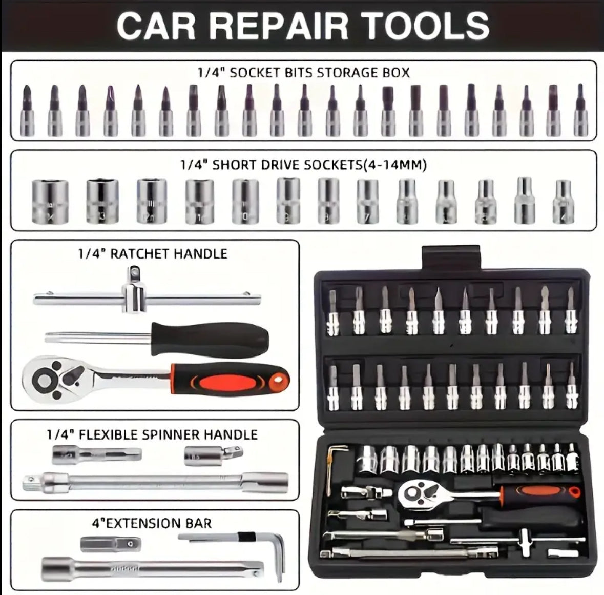 46pcs Of High-quality Professional Tool Kits, Mechanical Tool Kits Specially Designed For Car Maintenance, And Include 1/ 4 Inch Wrench Barrels Along With Ratchet Wrench Sets With Sockets And Extension Rods, Household Use