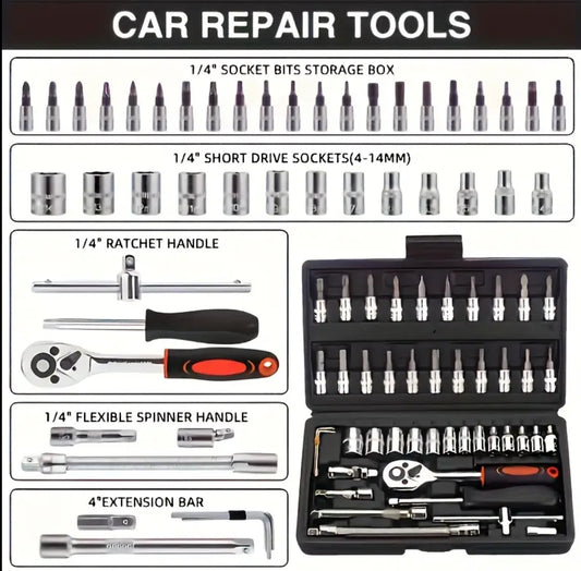 46pcs Of High-quality Professional Tool Kits, Mechanical Tool Kits Specially Designed For Car Maintenance, And Include 1/ 4 Inch Wrench Barrels Along With Ratchet Wrench Sets With Sockets And Extension Rods, Household Use