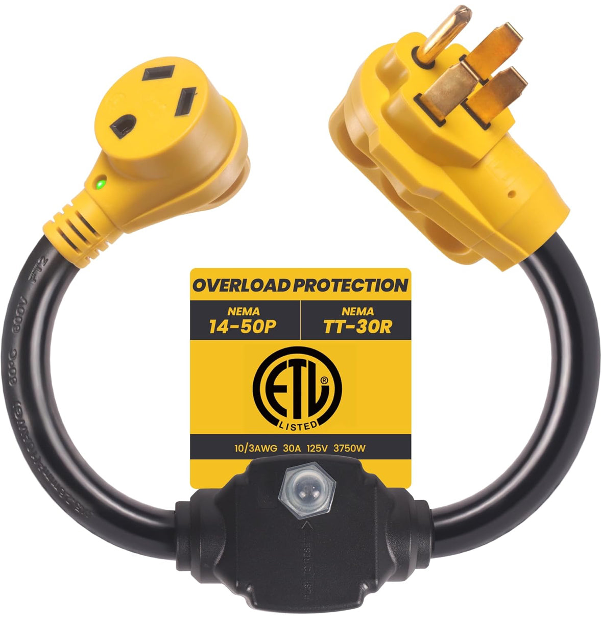 Overload Protector 50 Amp to 30 Amp RV Adapter Plug for Camper with Circuit Breaker, NEMA 14-50P to NEMA TT-30R Electrical Power Adapter with LED Power Indicator, RV Dogbone Adapter Cord, 18 Inch