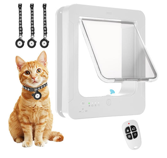 Smart Cat Door with 3 Collar Sensor, RFID Cat Door Collar Activated with Remote Control, 4 Way Locking Cat Flap Automatic Pet Door
