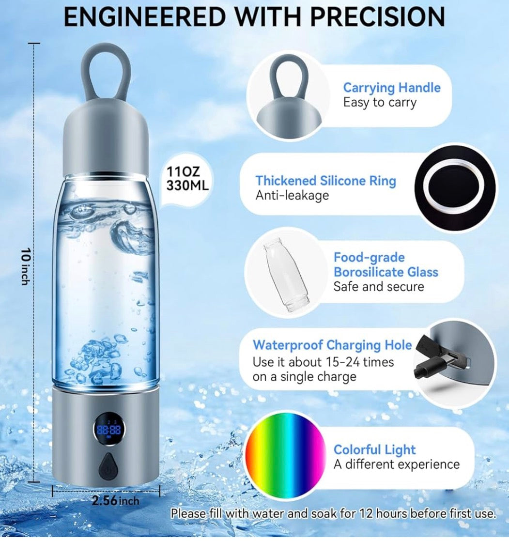 Hydrogen Water Bottle,Portable Hydrogen Water Bottle Generator with Three Modes Produces 5000 PPB of Hydrogen Water in 8 Minutes,Aluminium and Glass,with Light,Rechargeable for Travelling,Office