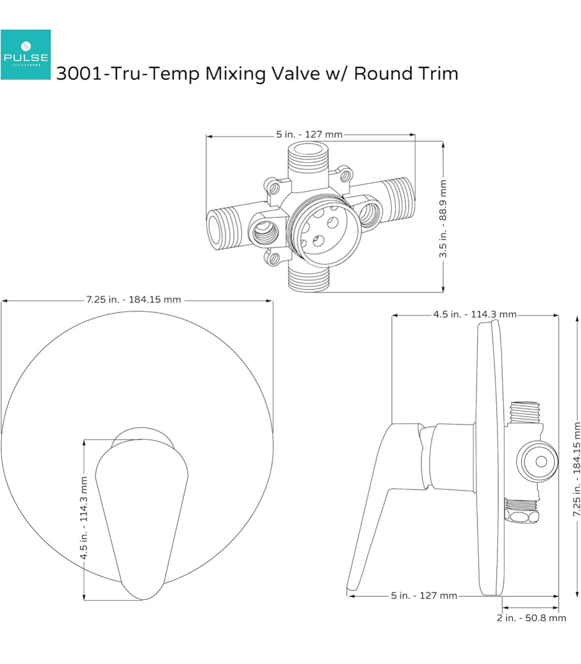 PULSE ShowerSpas 3001-RIV-PB-CH Tru-Temp Mixing Valve, Pressure Balance Rough-In Valve Trim Kit, Round, 1/2" NPT, Polished Chrome