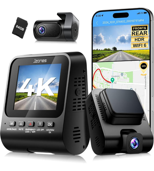 Dash Cam Front and Rear: 4K+1080P FHD Dual Dash Camera for Cars with Night Vision, 2 Channel HDR Dash Camera, 24H Parking Mode Car Camera, Built-in GPS, WiFi 6, Free 64GB Card