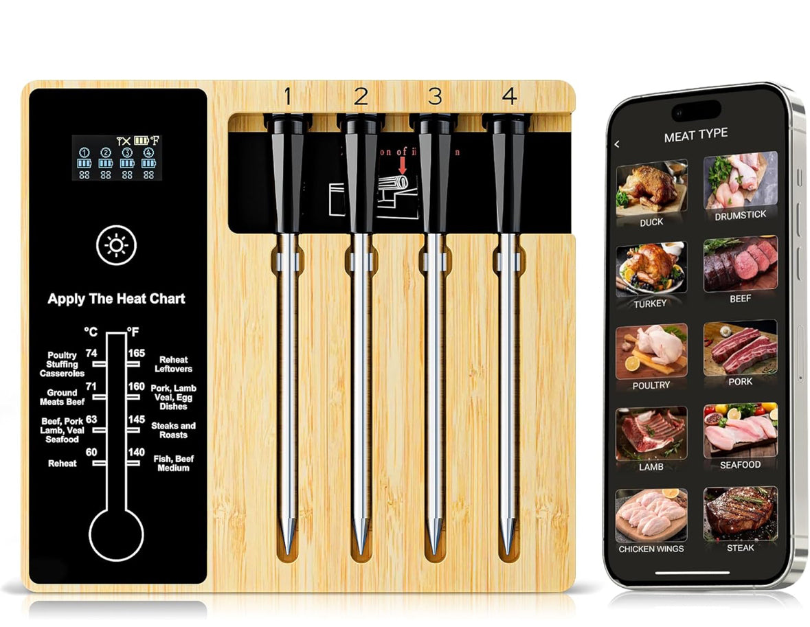 Smart Wireless Meat Thermometer 4 Probes, Bluetooth Food Thermometer, Remote Tracking and Real-Time Readings from Apps, for iOS and Android, for BBQ, Grill, Smoker