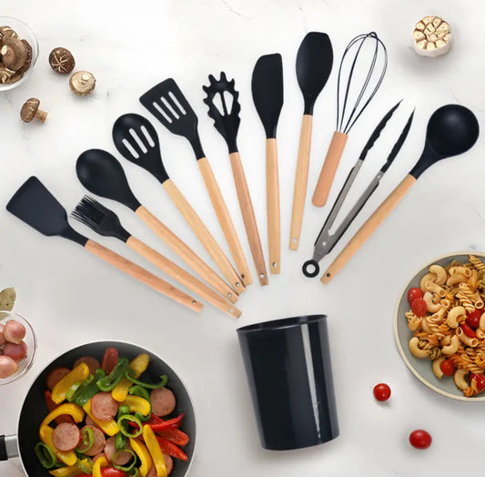 35pcs Silicone Cooking Kitchen Utensil Set, Heat-Resistant Cooking Utensil Scraper Set, with Wooden Handle And Bracket, Non-Stick Cookware Gadget