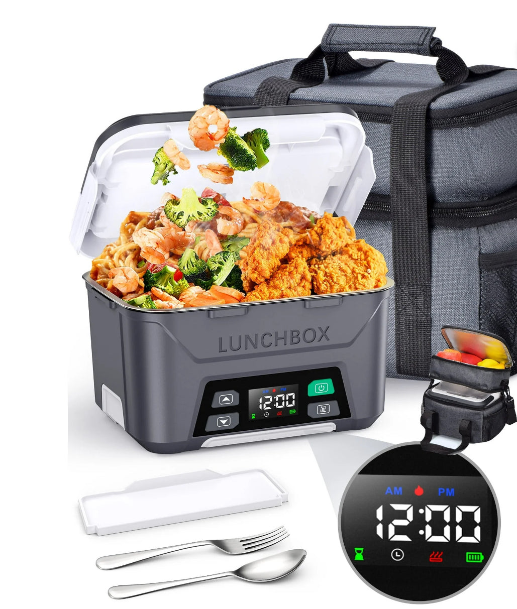 Cordless Electric Lunch Box, Heated Lunch Box Battery Powered with Automatic Scheduled Heating, 5.5 Cups Capacity, with Removable Tray Divider, Dishwasher Safe, for Hot Meals Anywhere