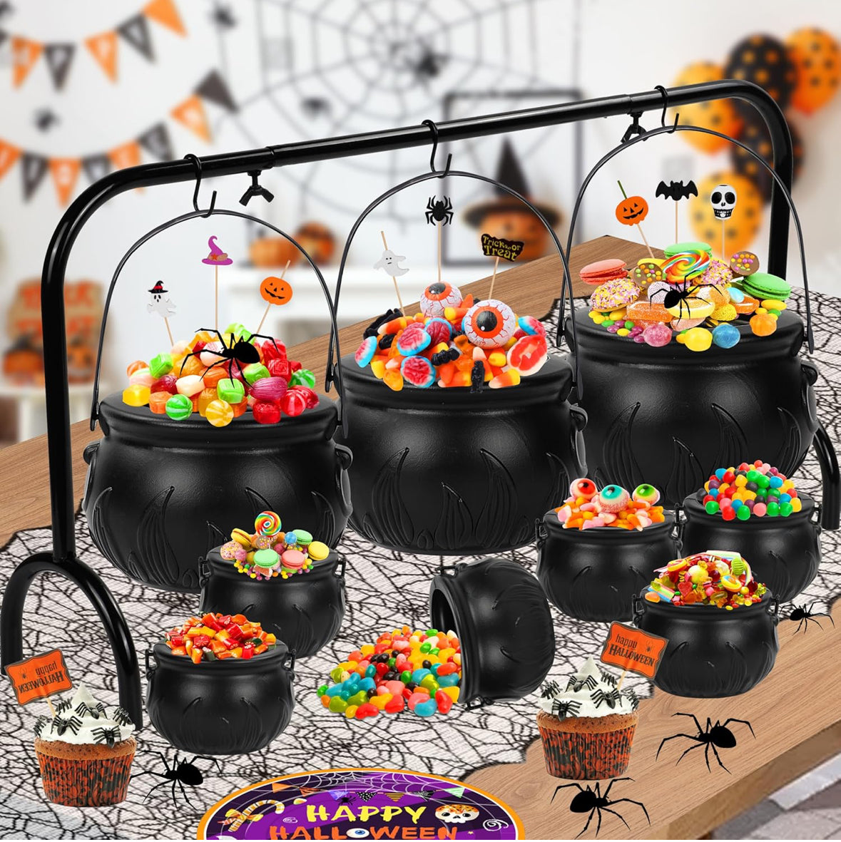 9 Pcs Halloween Witches Cauldrons Set, Hanging Black Plastic Cauldron Bowls on Rack, Candy Witches Serving Bowls for Halloween Indoor Outdoor Home Kitchen Decor