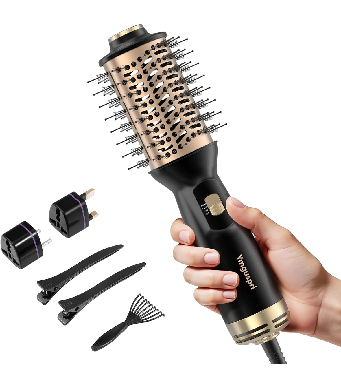 4-in-1 Dual Voltage Hair Dryer Brush, Mini Auto Blow Dryer Brush for European Travel(100-250V), 2 Inch Hot Air Brush One Step Hair Dryer and Styler for Volumizer/Straightener/Curler with EU&UK Plug
